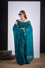Teal Green Organza Silk Saree Black Floral Embroidery Designer Saree