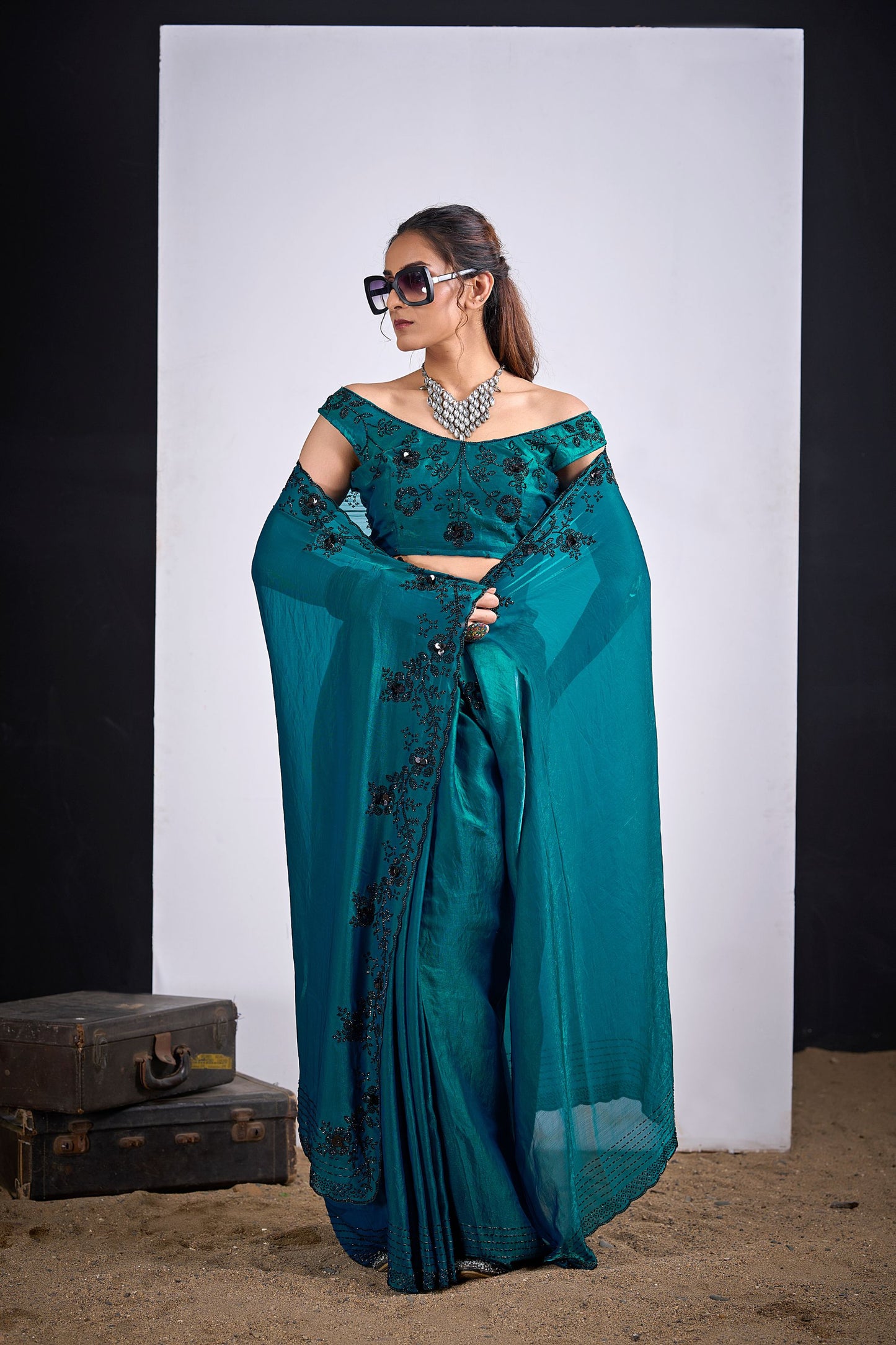 Teal Green Organza Silk Saree Black Floral Embroidery Designer Saree