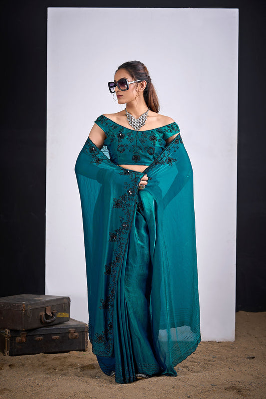Teal Green Organza Silk Saree Black Floral Embroidery Designer Saree
