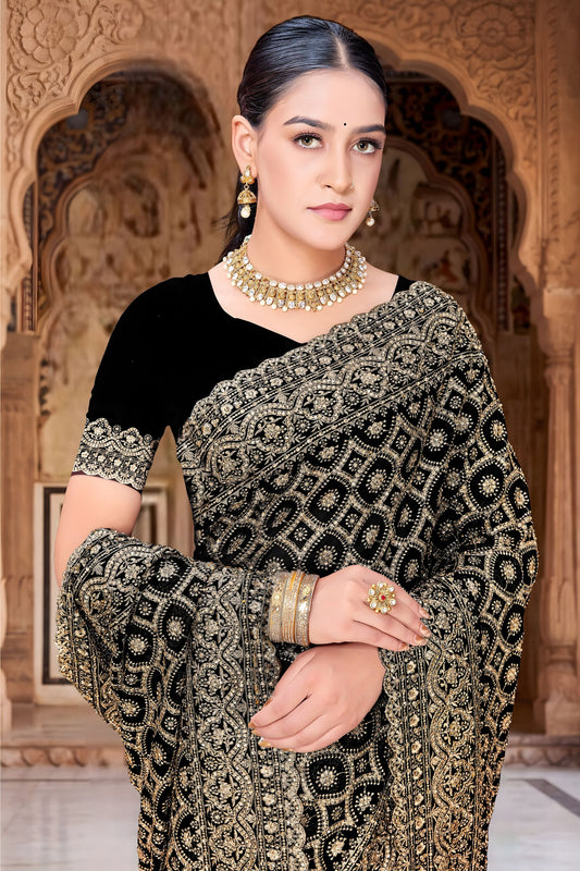 Luxury Black Georgette Designer Saree Heavy Embroidery for Wedding