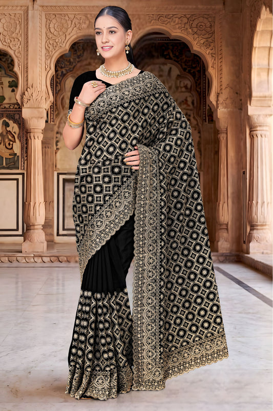 Luxury Black Georgette Designer Saree Heavy Embroidery for Wedding