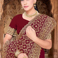 Stylish Marron Georgette Designer Saree Heavy Embroidery for Wedding