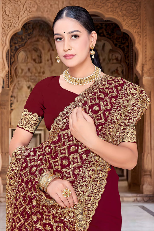 Stylish Marron Georgette Designer Saree Heavy Embroidery for Wedding