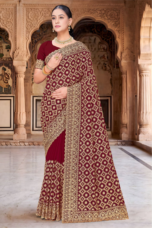 Stylish Marron Georgette Designer Saree Heavy Embroidery for Wedding