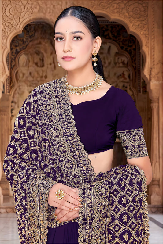 Royal Purple Georgette Designer Saree with Heavy Embroidery for Wedding