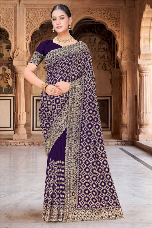 Royal Purple Georgette Designer Saree with Heavy Embroidery for Wedding