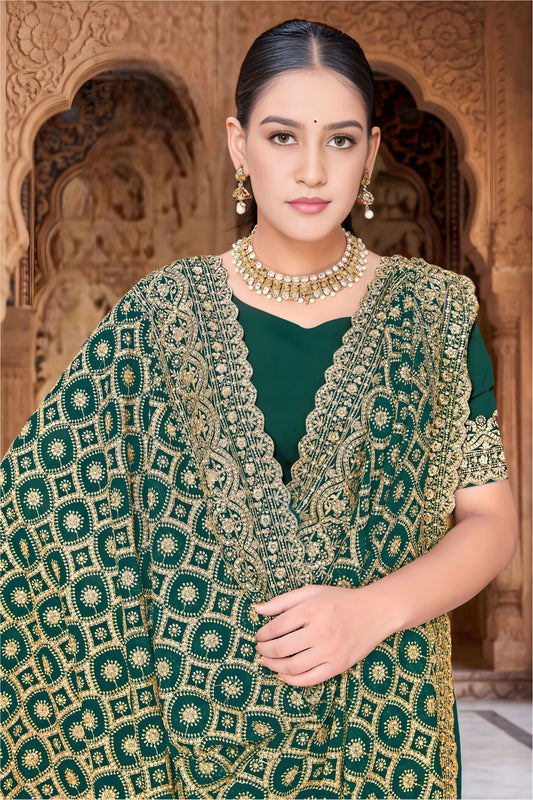 Gracefull Teal Green Georgette Designer Saree Heavy Embroidery for Wedding