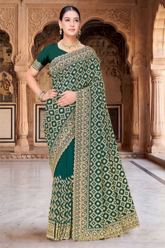 Gracefull Teal Green Georgette Designer Saree Heavy Embroidery for Wedding