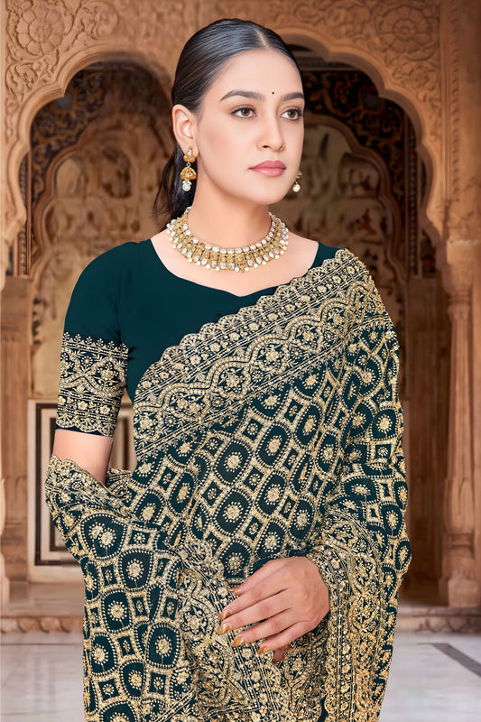 Dark Teal Green Georgette Designer Saree with Heavy Embroidery for Wedding