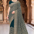 Dark Teal Green Georgette Designer Saree with Heavy Embroidery for Wedding