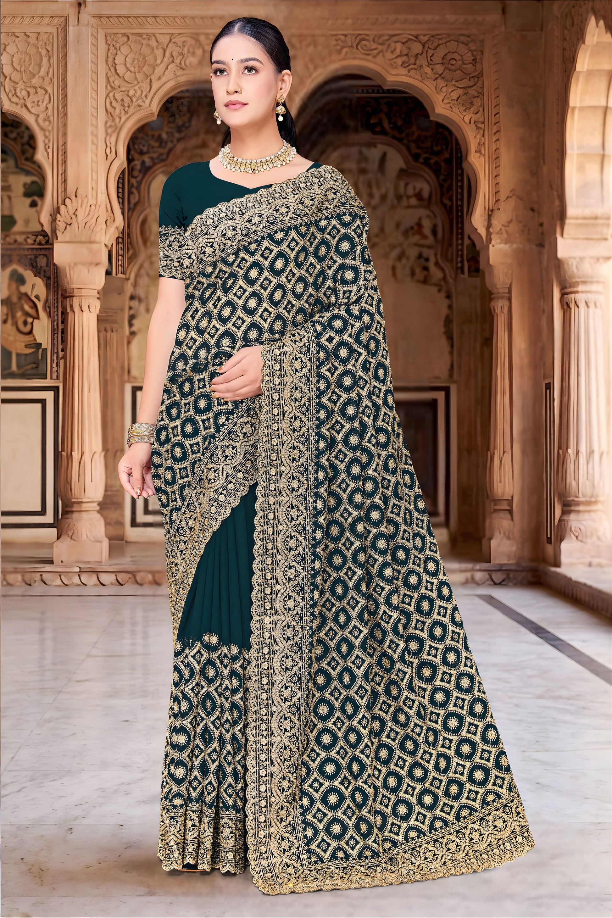 Dark Teal Green Georgette Designer Saree with Heavy Embroidery for Wedding