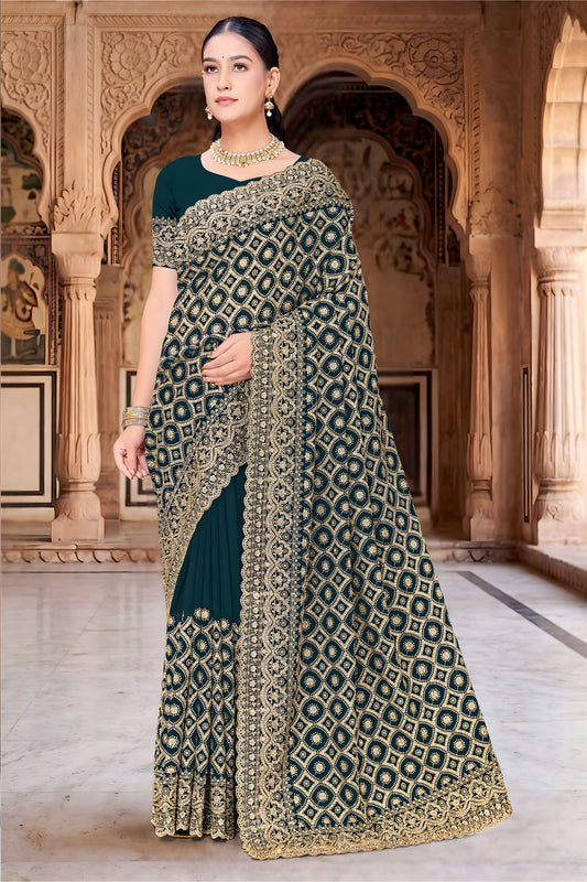 Dark Teal Green Georgette Designer Saree with Heavy Embroidery for Wedding