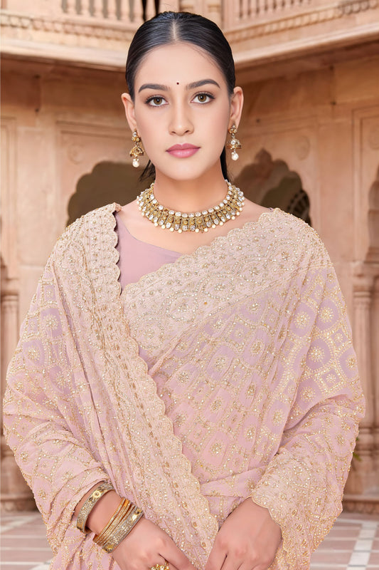 Beautifull Baby Pink Georgette Designer Saree Heavy Embroidery for Wedding