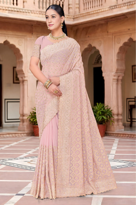 Beautifull Baby Pink Georgette Designer Saree with Heavy Embroidery for Wedding