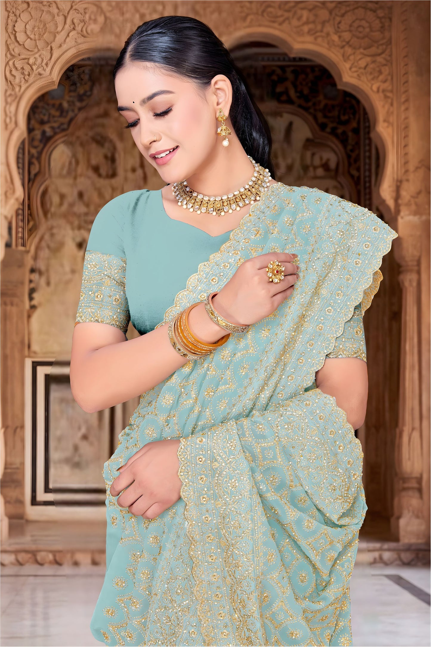 Royal Sky Blue Georgette Designer Saree Heavy Embroidery for Wedding