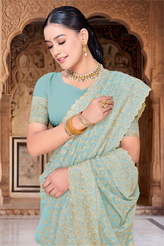 Royal Sky Blue Georgette Designer Saree Heavy Embroidery for Wedding