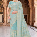 Royal Sky Blue Georgette Designer Saree Heavy Embroidery for Wedding