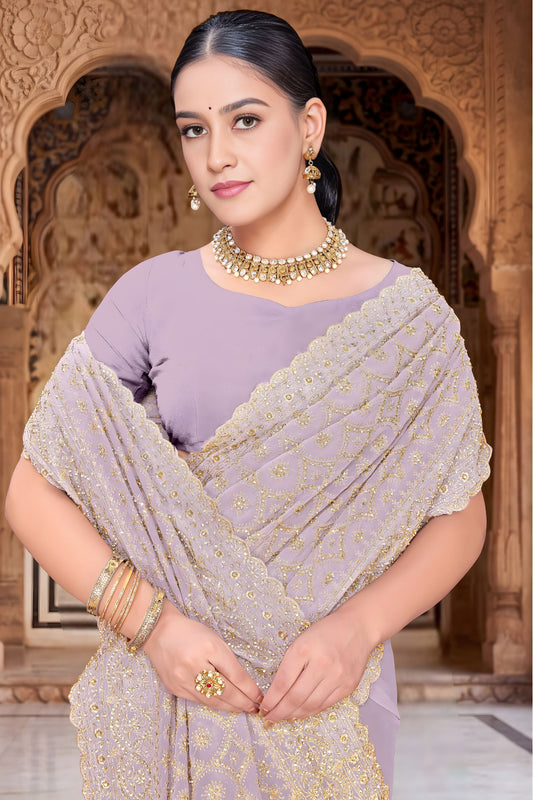 Stylish Lavender Soft Silk Saree Gold Zari Weaving Rich Border for Wedding