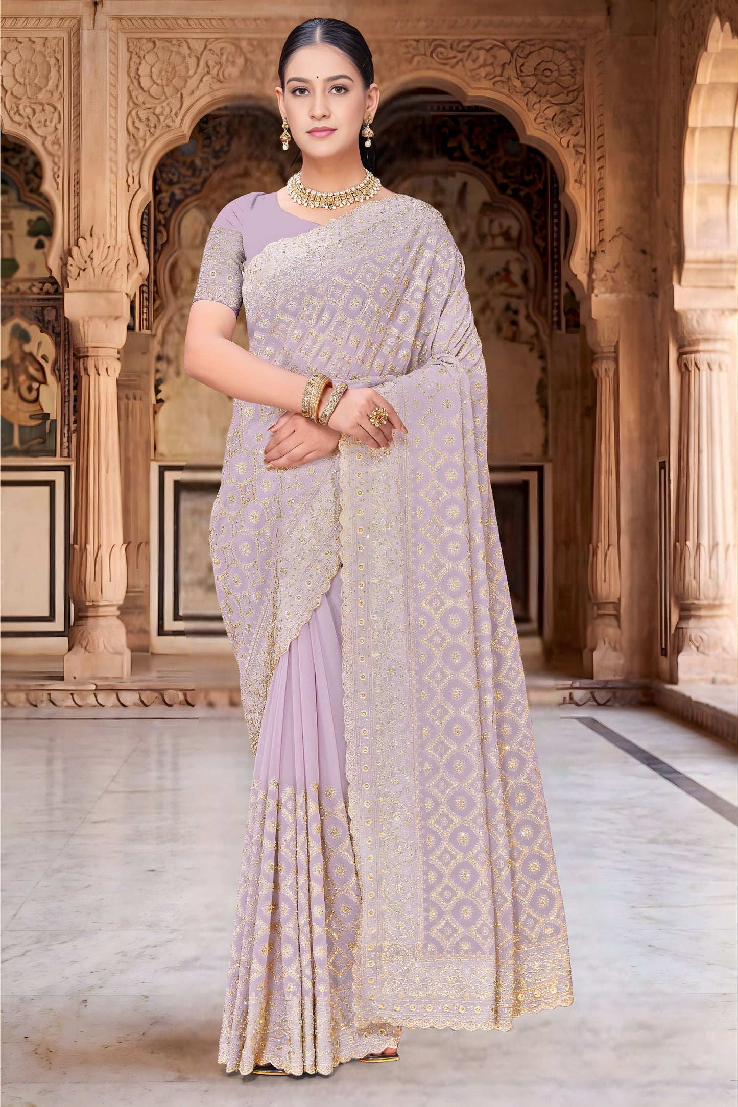 Stylish Lavender Soft Silk Saree Gold Zari Weaving Rich Border for Wedding