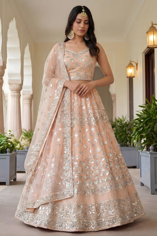 Wonderful Peach Embroidered Net Lehenga Choli with Dupatta for Wedding
