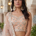Wonderful Peach Embroidered Net Lehenga Choli with Dupatta for Wedding
