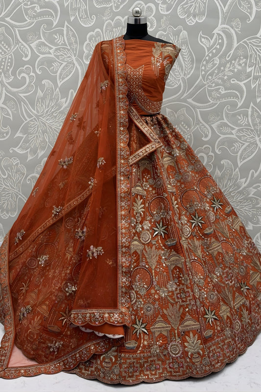 Fancy Orange Silk Heavy Embroidered Bridal Lehenga Choli with Net Dupatta for Wedding