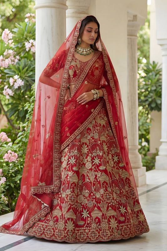 Royal Red Silk Heavy Embroidered Bridal Lehenga Choli with Net Dupatta for Wedding