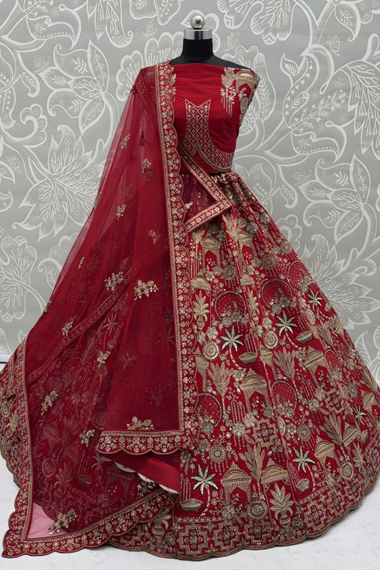 Royal Red Silk Heavy Embroidered Bridal Lehenga Choli with Net Dupatta for Wedding