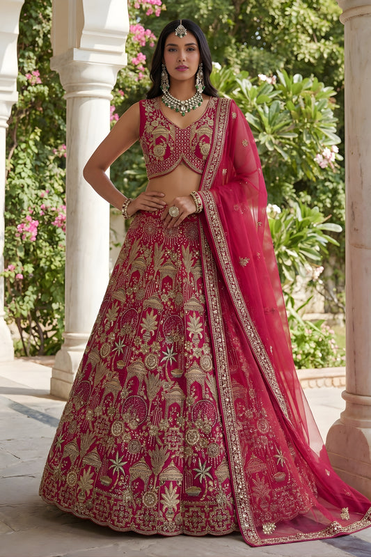 Stylish Rani Pink Silk Heavy Embroidered Bridal Lehenga Choli with Net Dupatta for Wedding