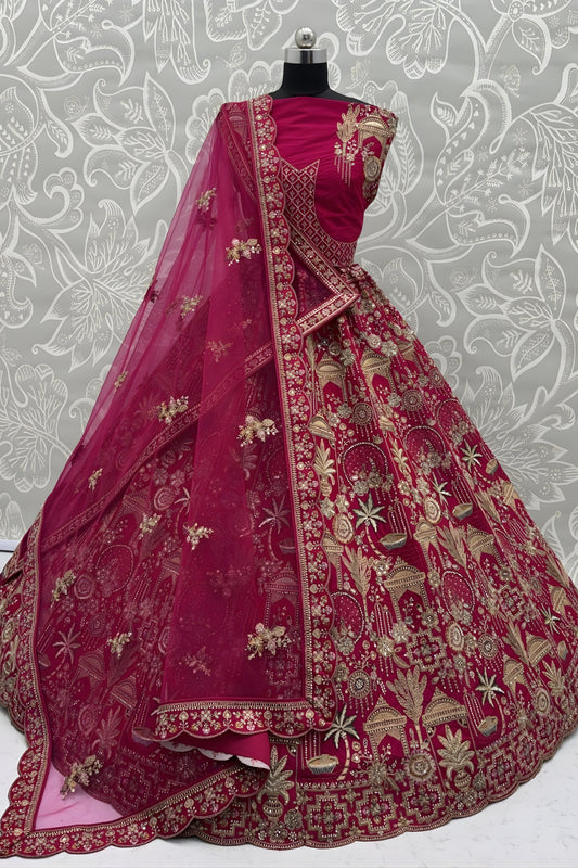 Stylish Rani Pink Silk Heavy Embroidered Bridal Lehenga Choli with Net Dupatta for Wedding