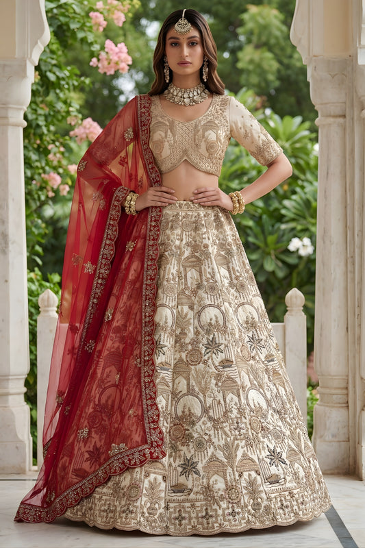 Fancy Cream Silk Heavy Embroidered Bridal Lehenga Choli with Red Net Dupatta for Wedding