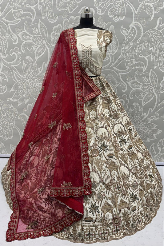 Fancy Cream Silk Heavy Embroidered Bridal Lehenga Choli with Red Net Dupatta for Wedding