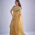 Mustard Yellow Tissue Silk Saree Zari Embroidery Designer Blouse