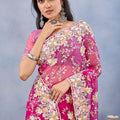 Designer Hot Pink Floral Embroidered Net Saree with Heavy Border