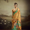 Mustard Gold Linen Silk Saree Teal Floral Digital Print Designer Tassel Pallu
