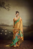 Mustard Gold Linen Silk Saree Teal Floral Digital Print Designer Tassel Pallu
