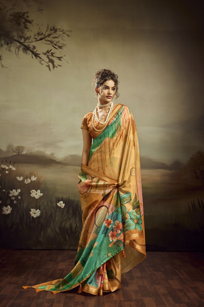Mustard Gold Linen Silk Saree Teal Floral Digital Print Designer Tassel Pallu
