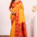 Yellow Paithani Silk Saree with Orange Zari Border and Traditional