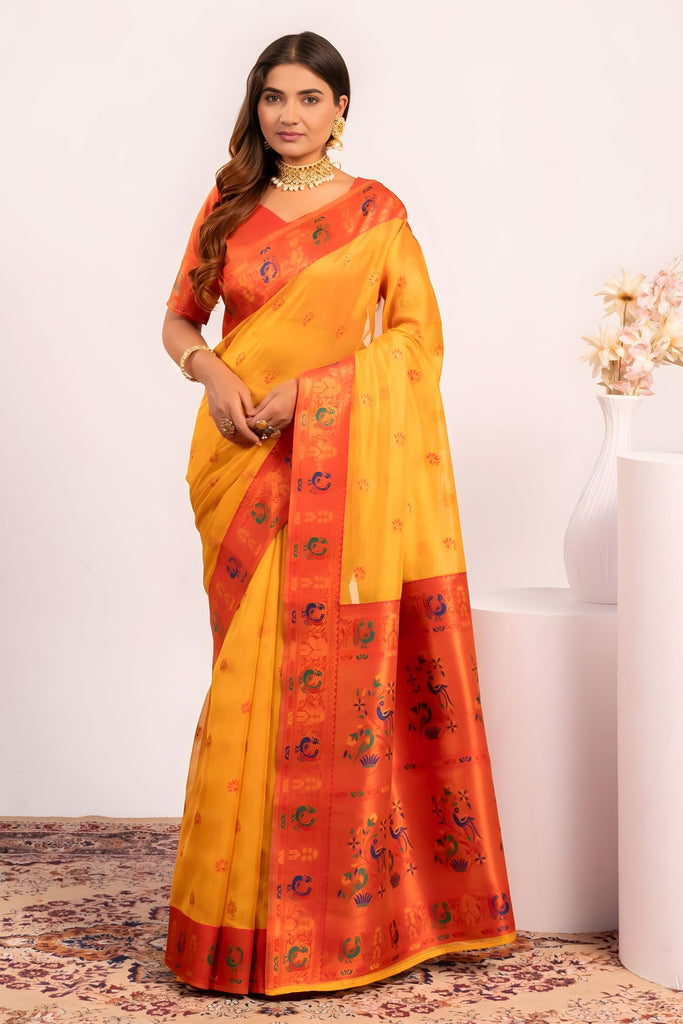Yellow Paithani Silk Saree with Orange Zari Border and Traditional