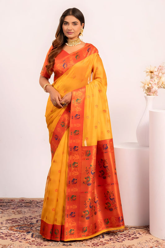 Yellow Paithani Silk Saree with Orange Zari Border and Traditional