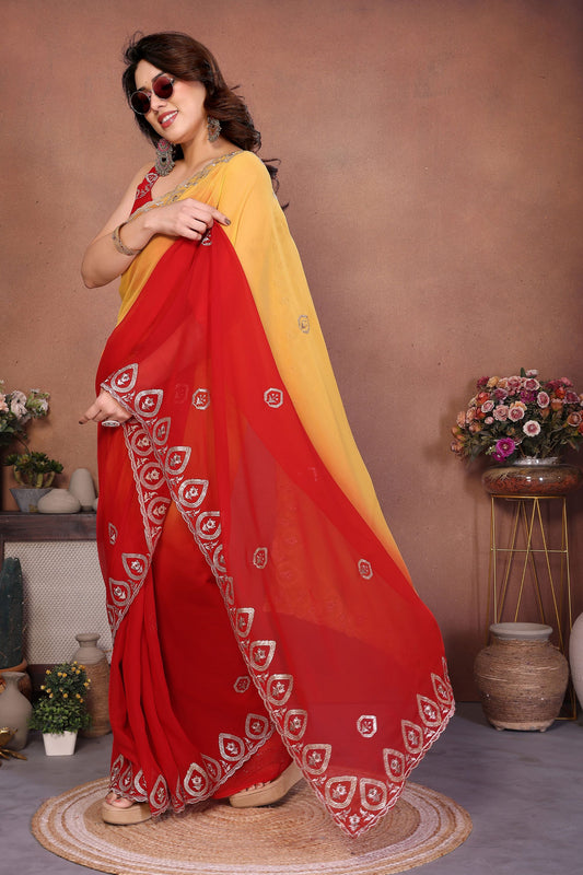 Red Yellow Ombre Georgette Saree with Embroidered Border Work