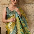 Mustard Yellow Banarasi Silk Saree Teal Blue Zari Border Floral Weaving