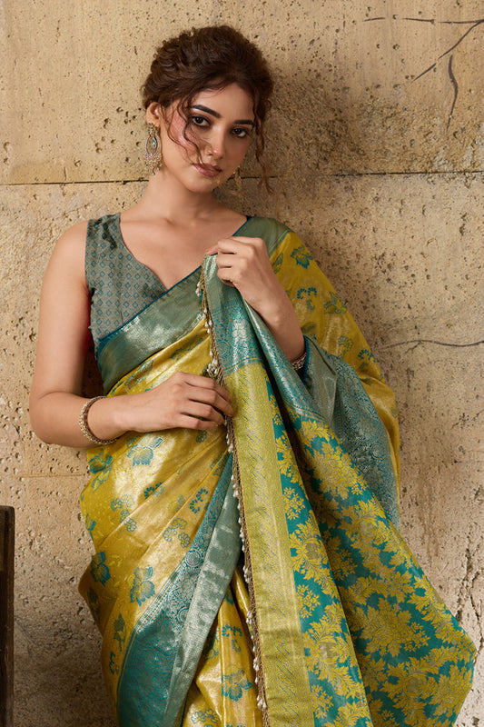 Mustard Yellow Banarasi Silk Saree Teal Blue Zari Border Floral Weaving