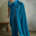  Teal Blue Chiffon Saree with Designer Embroidered Blouse 