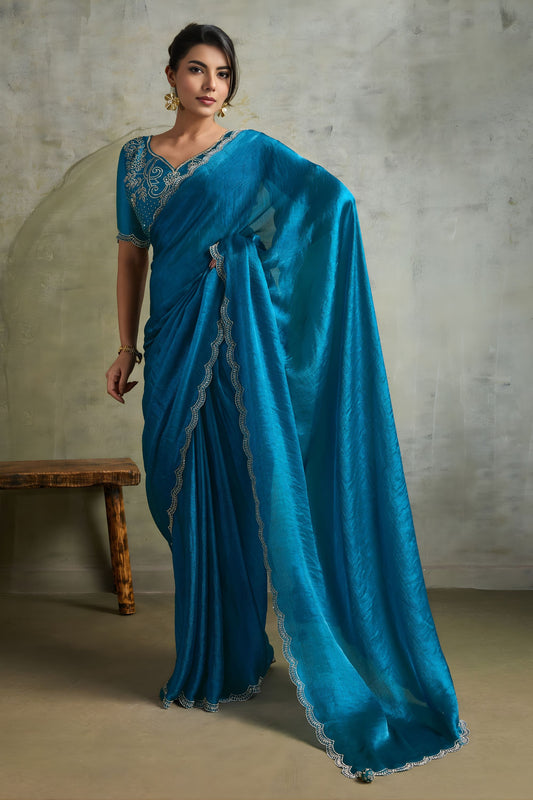  Teal Blue Chiffon Saree with Designer Embroidered Blouse 