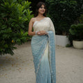 Ivory Sky Blue Ombre Georgette Saree Sequin Designer Scalloped Border