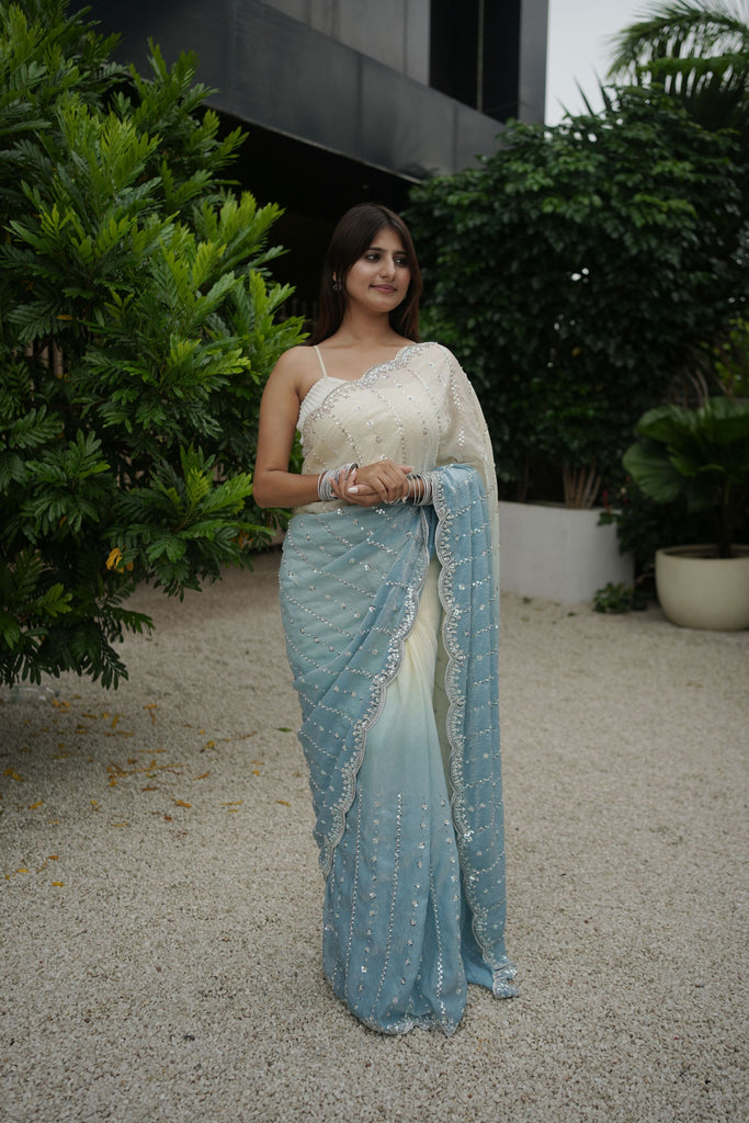 Ivory Sky Blue Ombre Georgette Saree Sequin Designer Scalloped Border