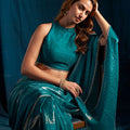 Teal Green Satin Silk Saree with Metallic Zari Designer Party Wear