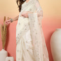 Off-White Embroidered Net Saree with Designer Border Party Wear Saree