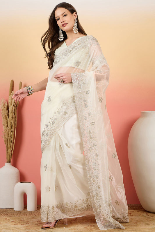 Off-White Embroidered Net Saree with Designer Border Party Wear Saree